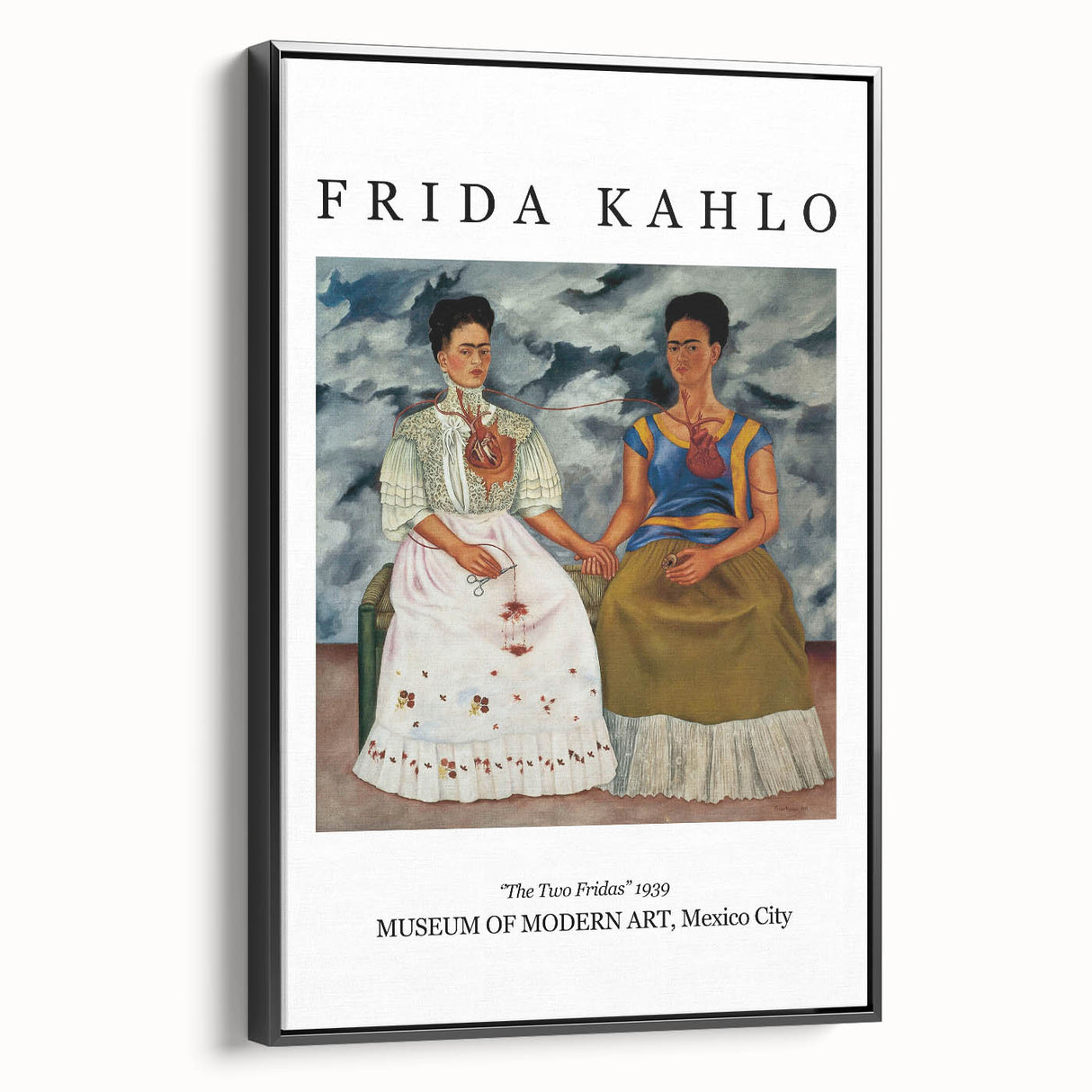 Black and white wall art of Frida Kahlo in a vintage poster style on framed canvas, suitable for bedroom decor.