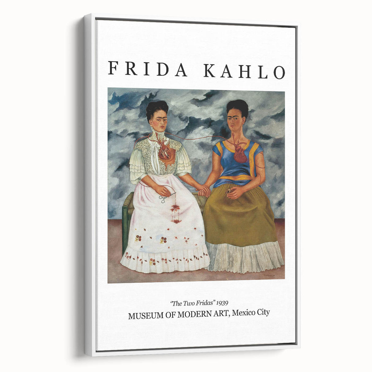 Vintage poster art of Frida Kahlo in colorful attire on a large framed canvas, suited for living room decor.