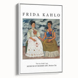 Vintage poster art of Frida Kahlo in colorful attire on a large framed canvas, suited for living room decor.