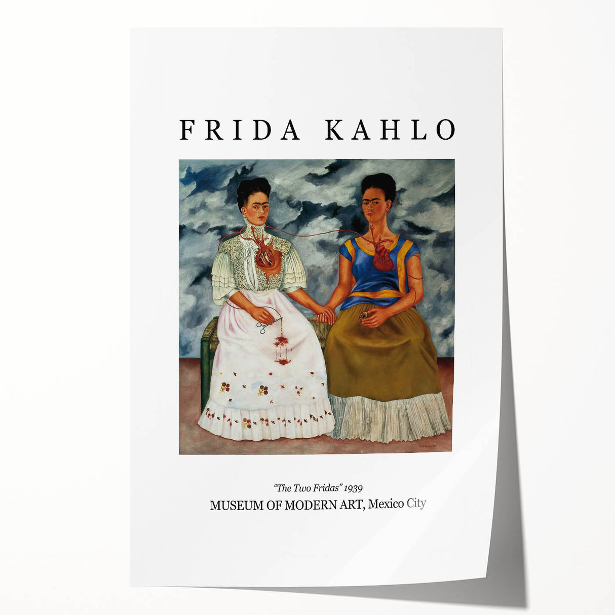 Contemporary rolled print of Frida Kahlo with floral elements in vibrant colors, ideal for art wall dining room.