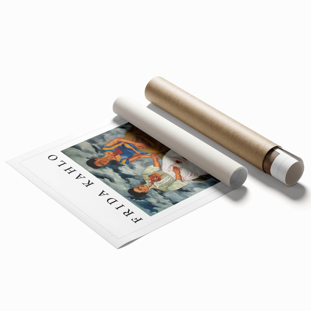Rolled print of Frida Kahlo with a backdrop of large, vibrant floral patterns, ideal for classy bathroom wall art.
