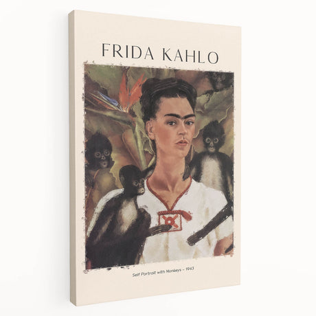 A modern interpretation of Frida Kahlo on stretched canvas with bold, colorful accents, suitable for kitchen wall art.