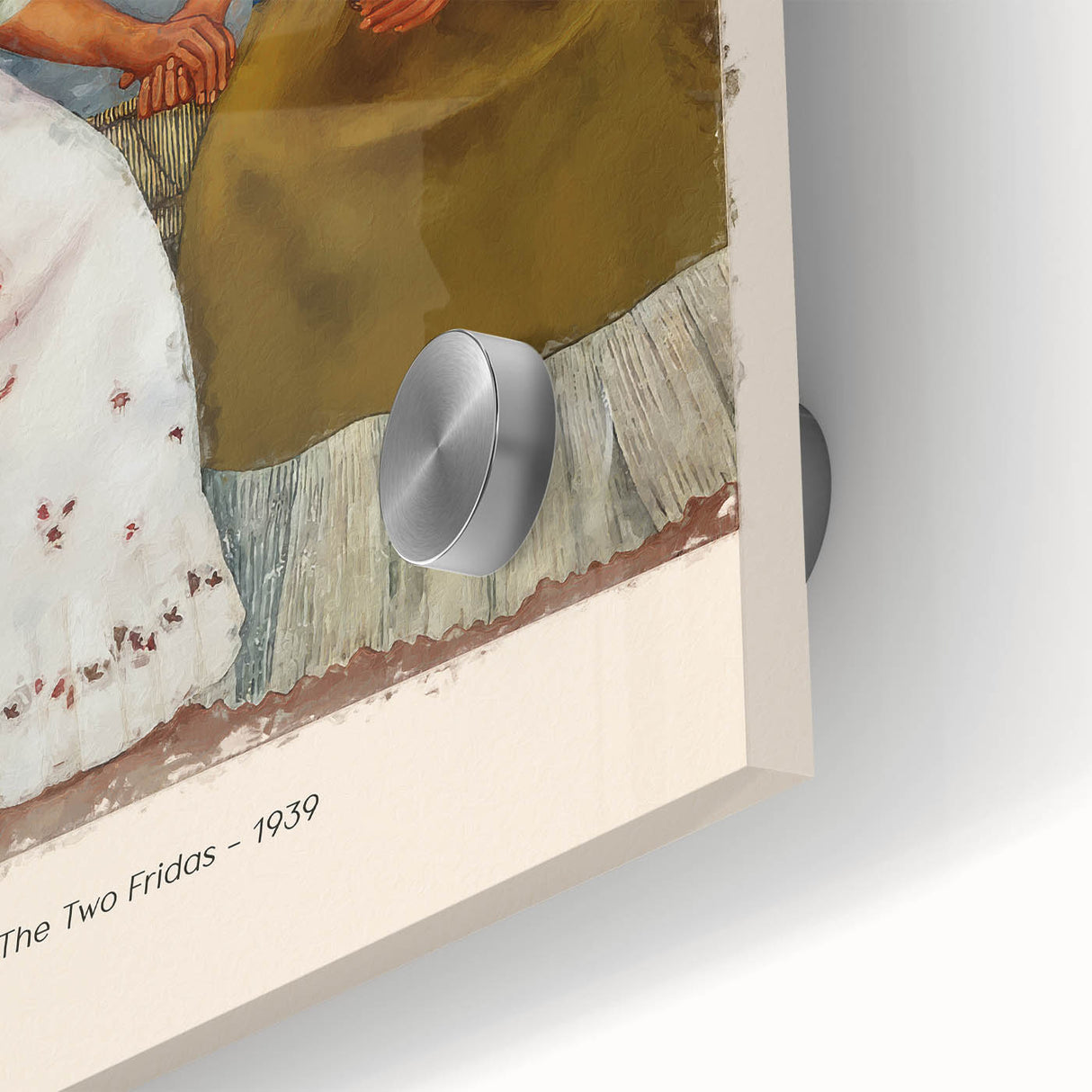 Mid-century modernist art of Frida Kahlo in abstract style, vibrant colors on acrylic glass, ideal for dining room art.