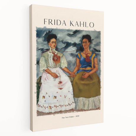 Side view of a large avant-garde Frida Kahlo design on stretched canvas, featuring bold colors, ideal for kitchen wall art.