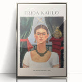 Mid-century modernist Frida Kahlo portrait in acrylic, framed in silver, with a palette of bold primary colors.