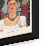 Framed canvas featuring a textured, colorful depiction of Frida Kahlo in a contemporary style, ideal for living room decor.