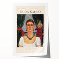 Rolled print of Frida Kahlo in avant-garde style with vibrant floral background, suitable for art wall dining room.