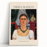 Black and white portrait of Frida Kahlo on stretched canvas, ideal for kitchen wall art or bedroom ambiance.
