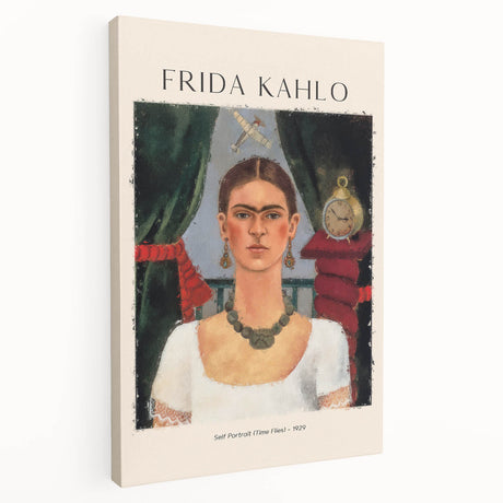 Side view of a contemporary Frida Kahlo-inspired artwork on stretched canvas with vivid colors, ideal for kitchen wall art.