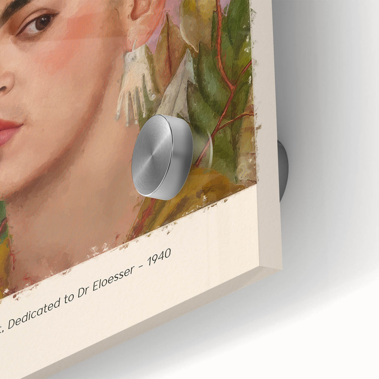 Mid-century modernist Frida Kahlo portrait in vibrant colors on acrylic glass, ideal for dining room art.