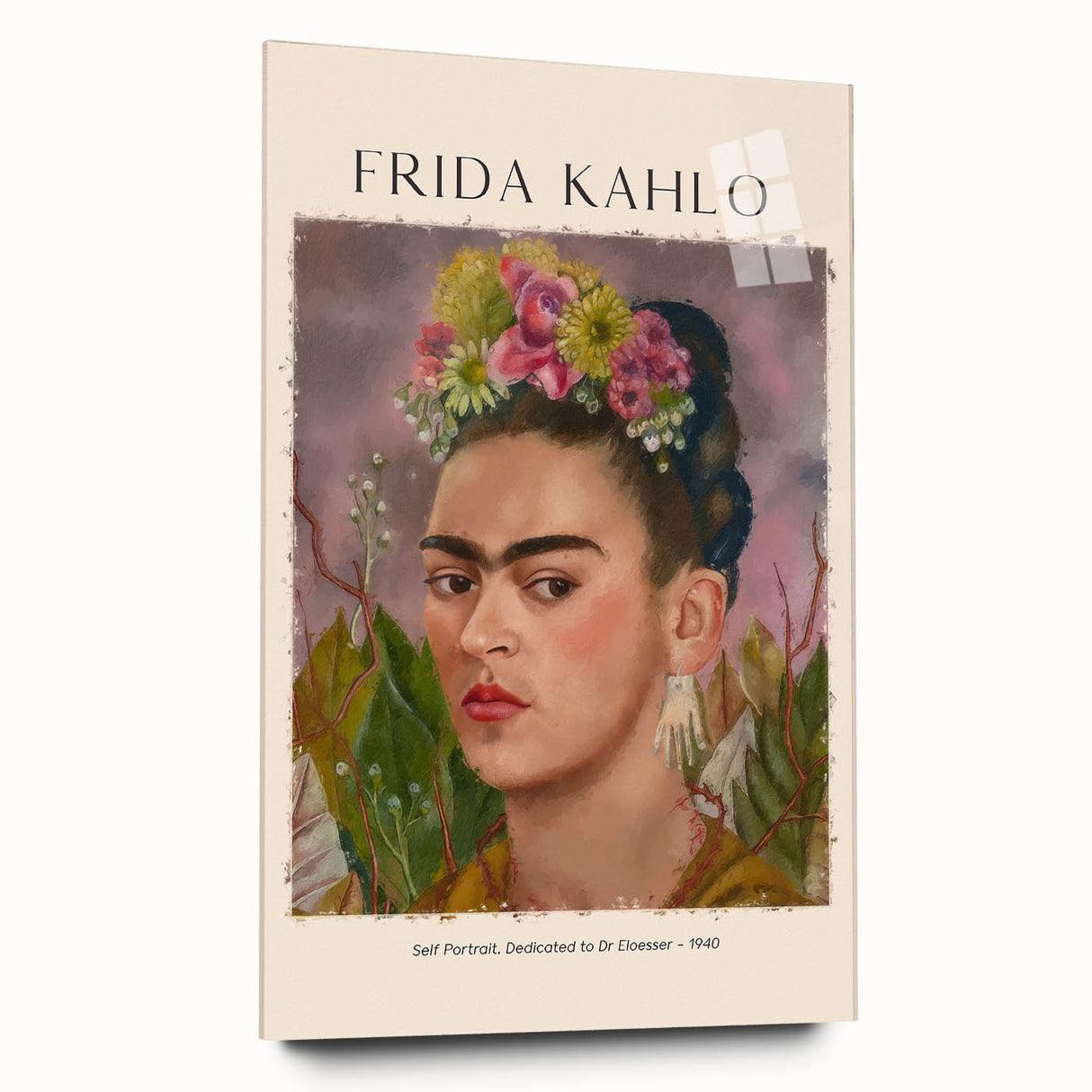 Acrylic print of a large abstract depiction of Frida Kahlo in vibrant colors, ideal for bedroom or dining room art.