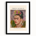 Colorful abstract art print of Frida Kahlo, featuring textured brush strokes in vibrant hues, framed in black.
