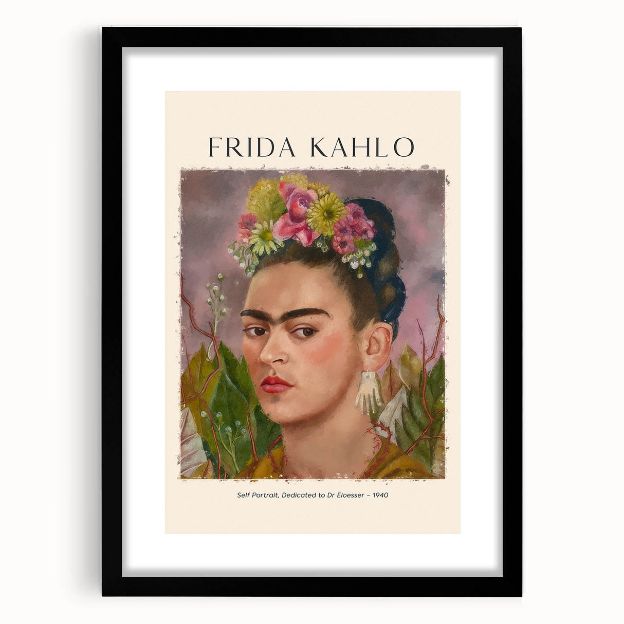 Colorful abstract art print of Frida Kahlo, featuring textured brush strokes in vibrant hues, framed in black.