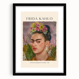Colorful abstract art print of Frida Kahlo, featuring textured brush strokes in vibrant hues, framed in black.