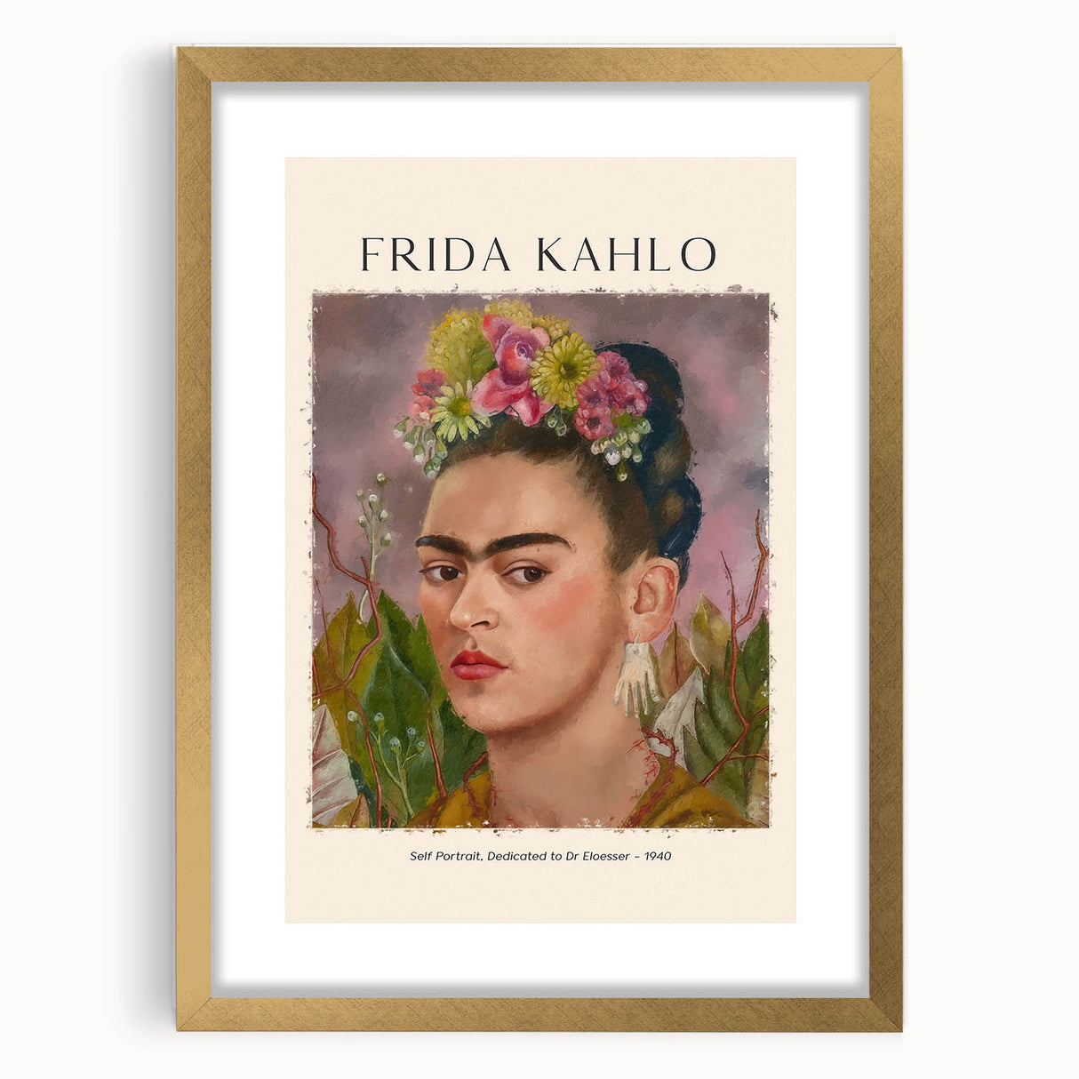 Extra large wall art featuring an abstract print of Frida Kahlo in textured gold, ideal for living room decor.