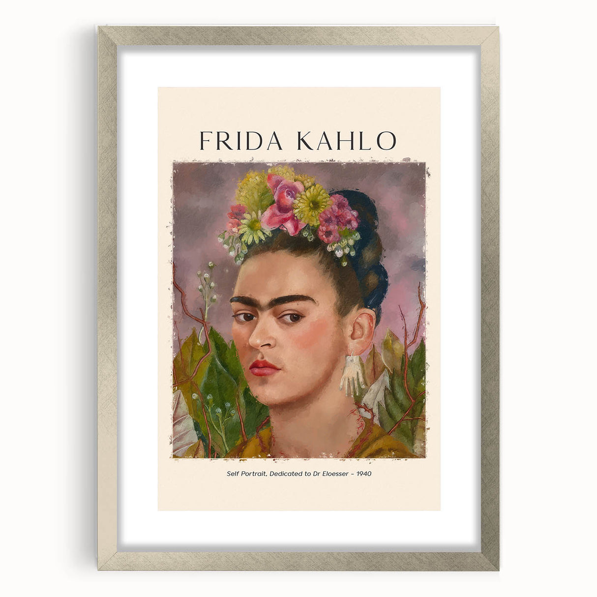 Textured art print of Frida Kahlo in abstract style with muted colors on a silver-framed mat, suitable for bedroom decor.