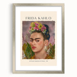Textured art print of Frida Kahlo in abstract style with muted colors on a silver-framed mat, suitable for bedroom decor.