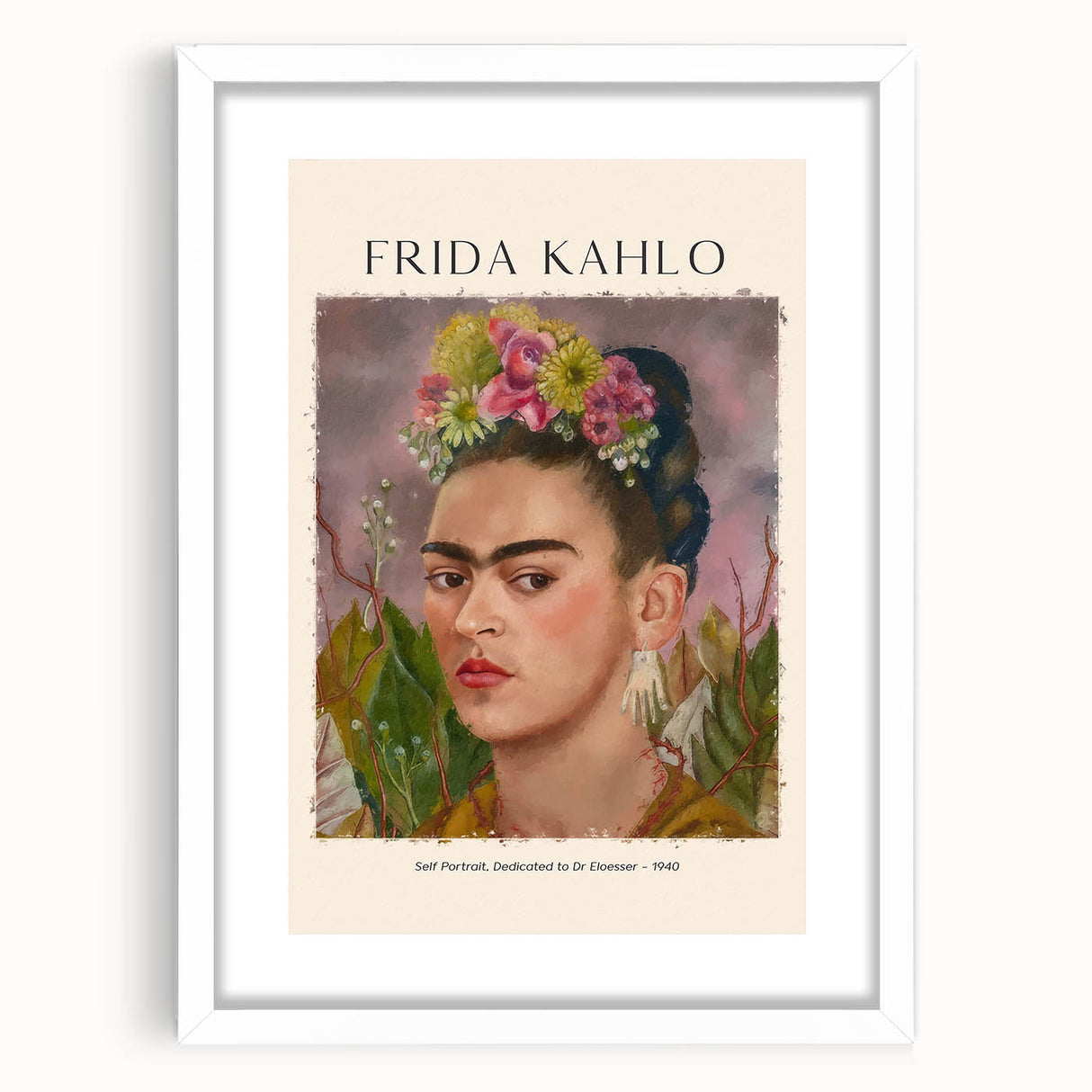 Abstract art print of Frida Kahlo in muted colors on a white framed poster, suitable for bedroom or dining room decor.