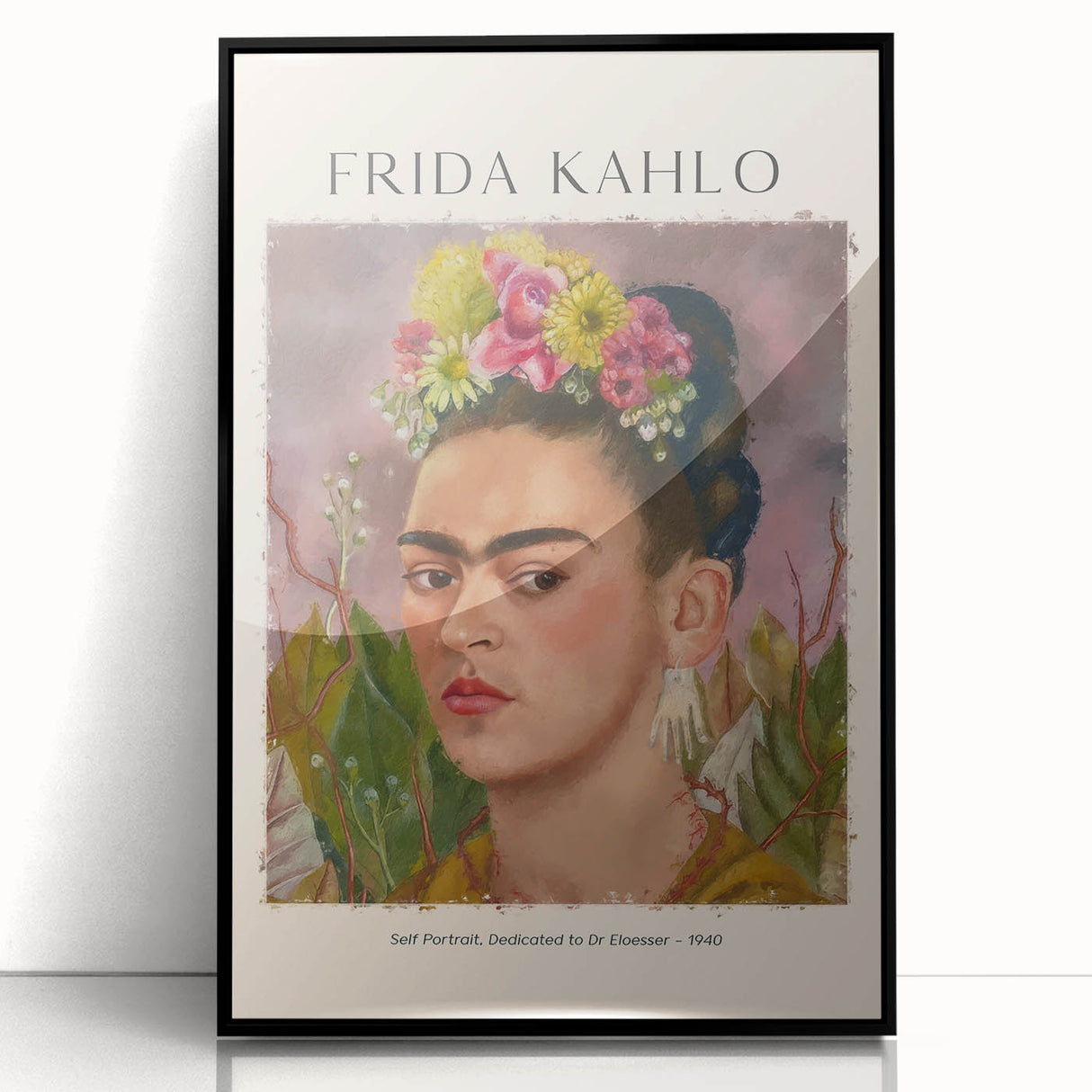 Large abstract wall art featuring a modernist Frida Kahlo portrait in black and white tones, framed acrylic.