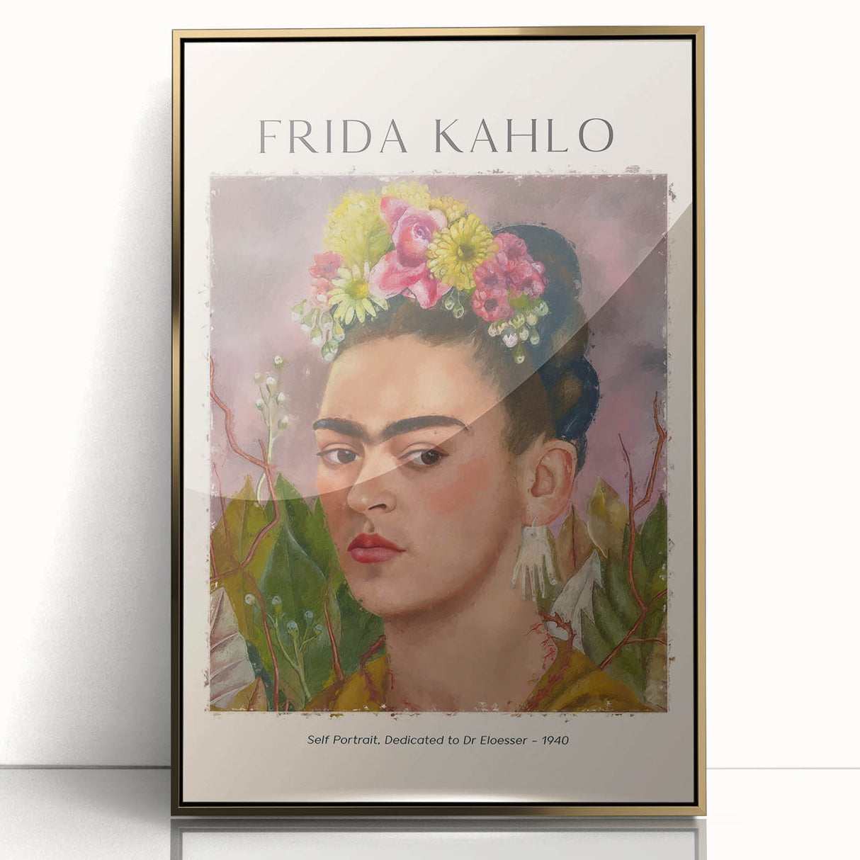Large art print of Frida Kahlo in mid-century modernist style, framed in gold acrylic, suitable for modern art wall decor.