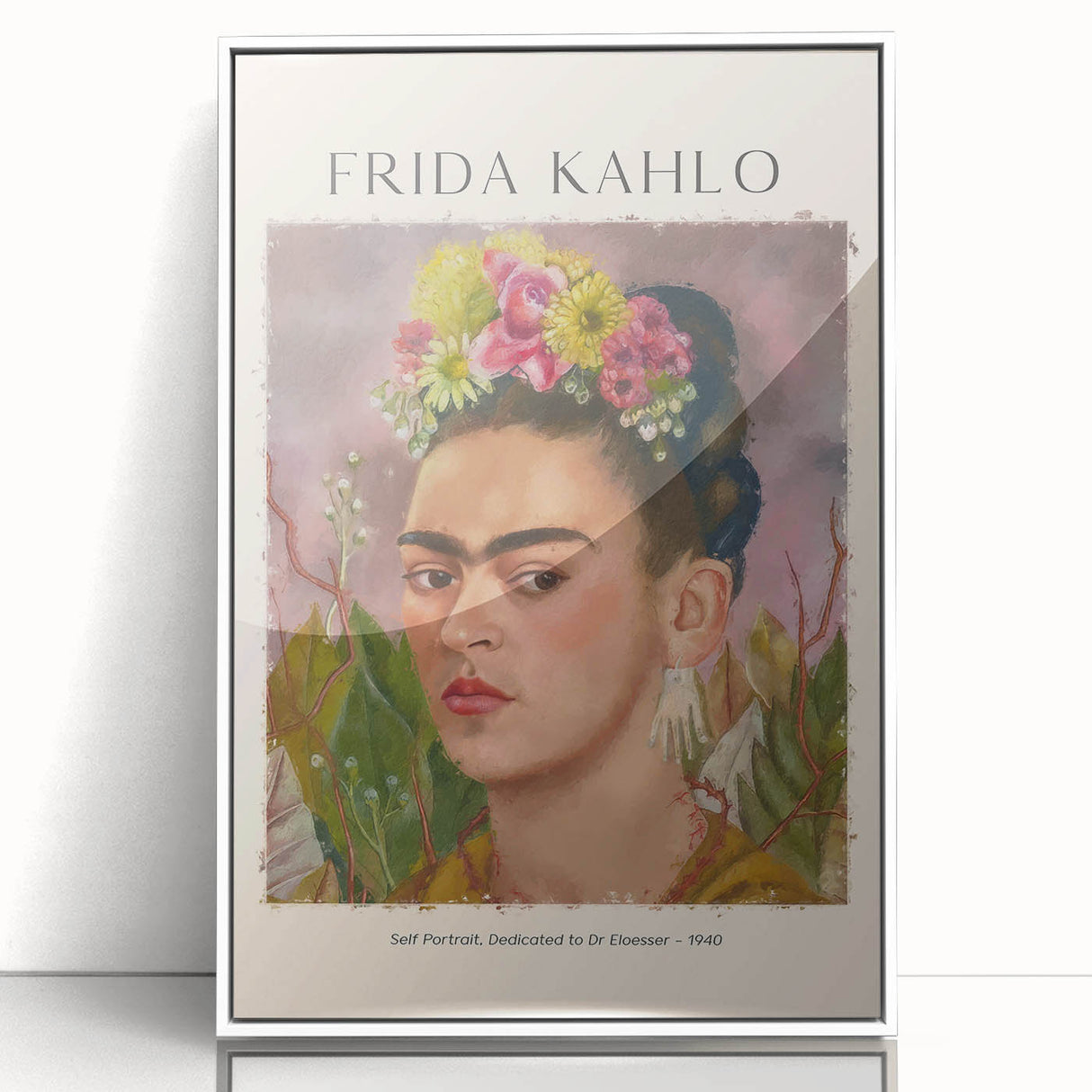 Framed acrylic print of a contemporary Frida Kahlo portrait in monochrome, ideal for modern art wall decor.