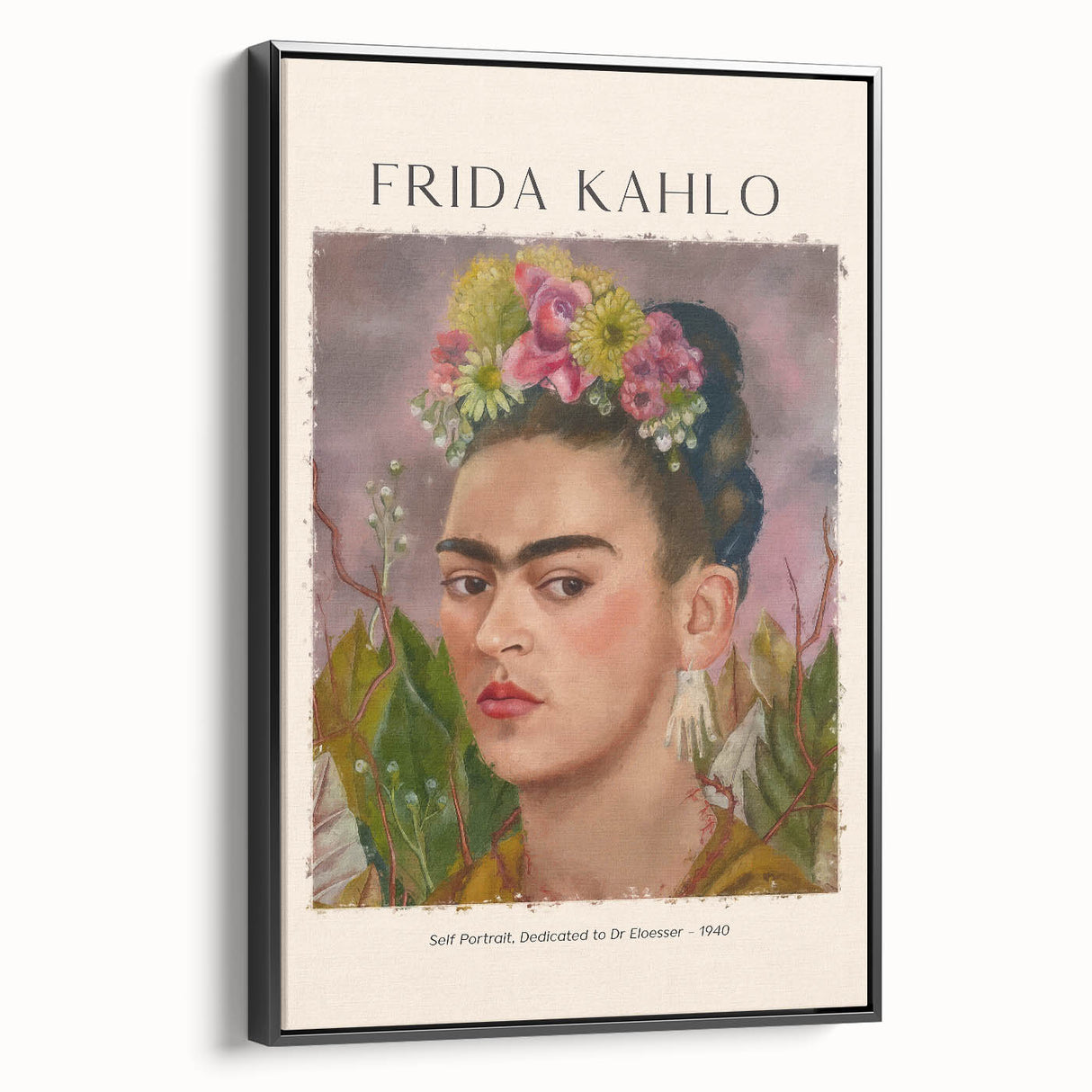 Framed canvas featuring a black and white portrait of Frida Kahlo in a vintage poster style, ideal for bedroom decor.