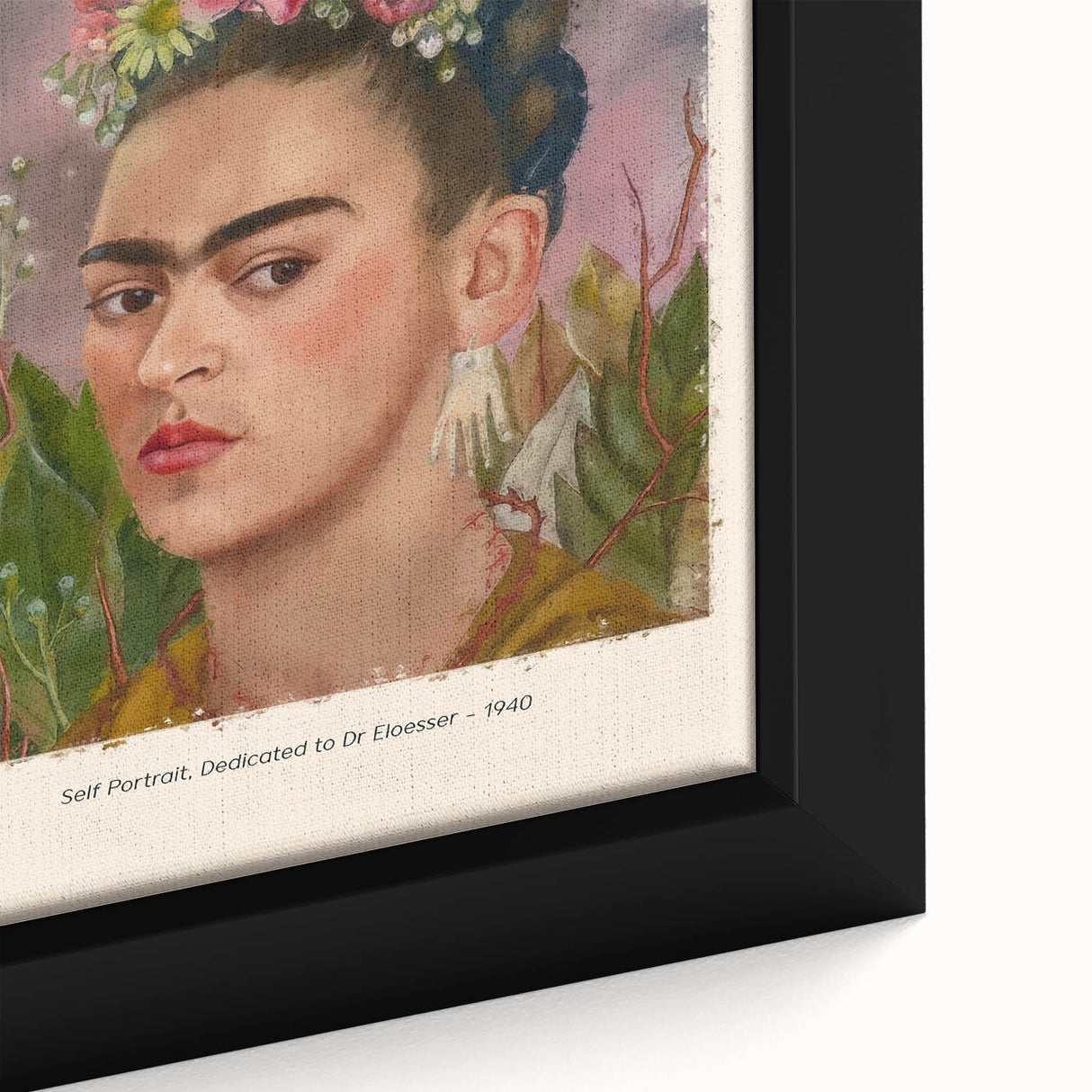 Close-up of a textured, extra large framed canvas depicting a colorful.