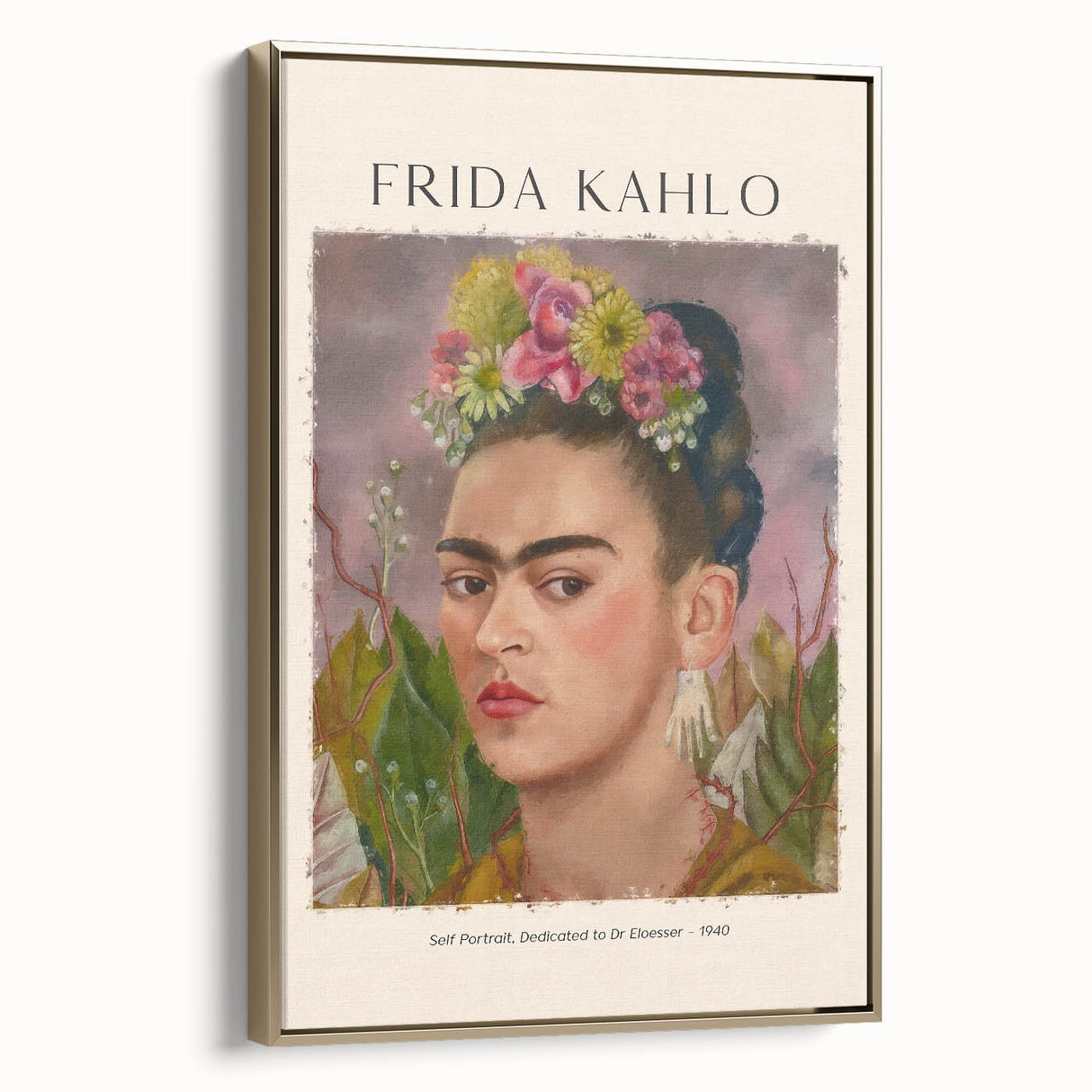 Framed canvas of a vintage-style Frida Kahlo portrait in muted gold and black, ideal for bedroom wall art.