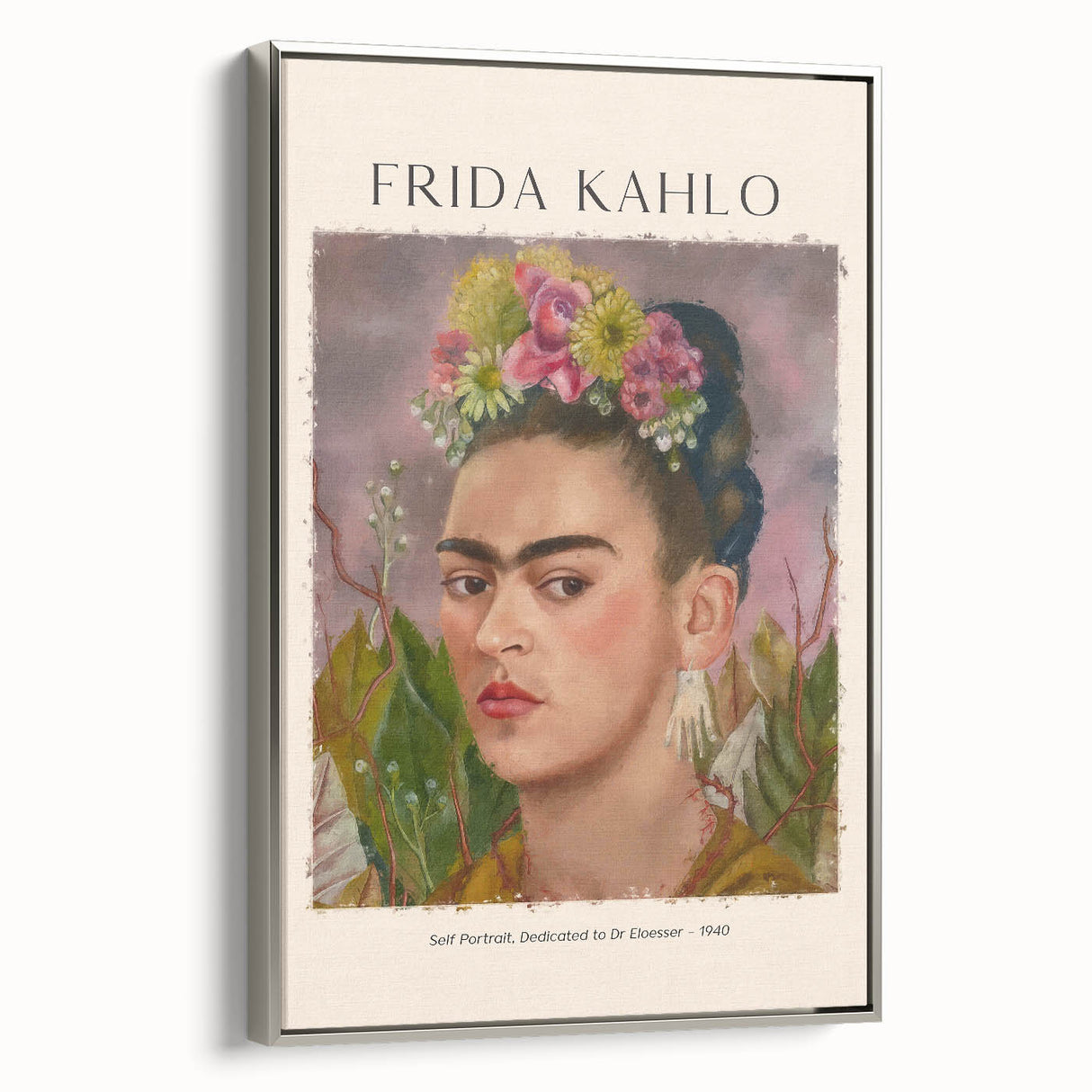 Frida Kahlo inspired contemporary portrait in bright colors on silver-framed canvas.