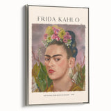 Frida Kahlo inspired contemporary portrait in bright colors on silver-framed canvas.
