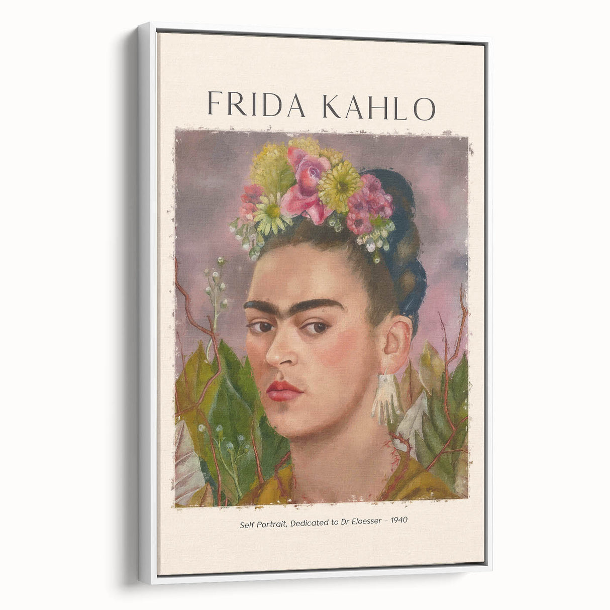 Extra large vintage poster art of Frida Kahlo in colorful attire on a black canvas, ideal for living room decor.