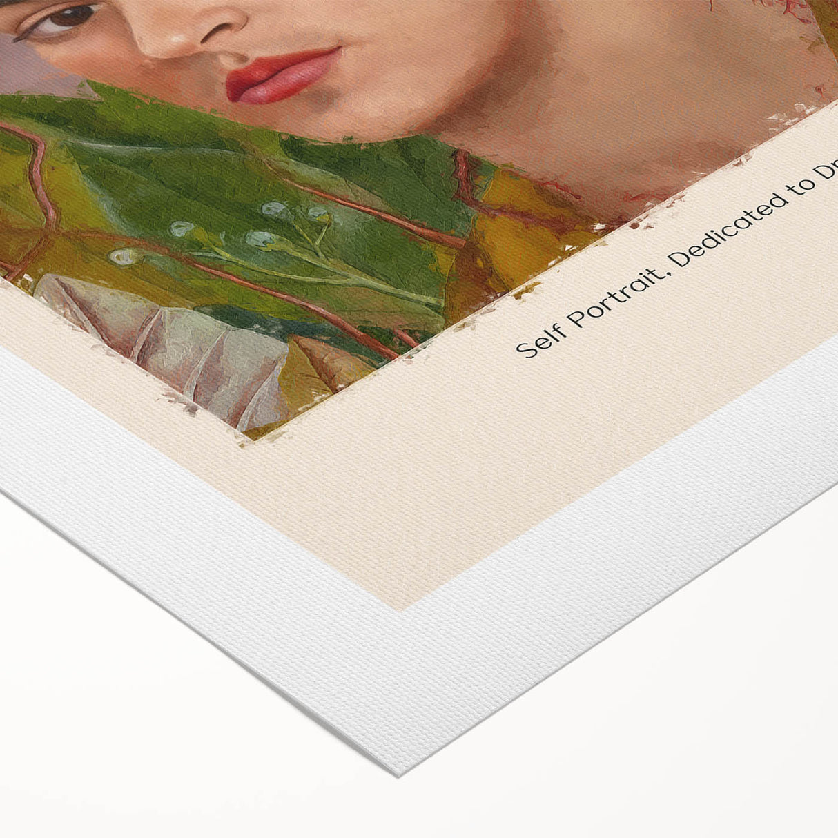 Art deco poster of Frida Kahlo in vibrant colors on rolled canvas, suitable for dining room decor.