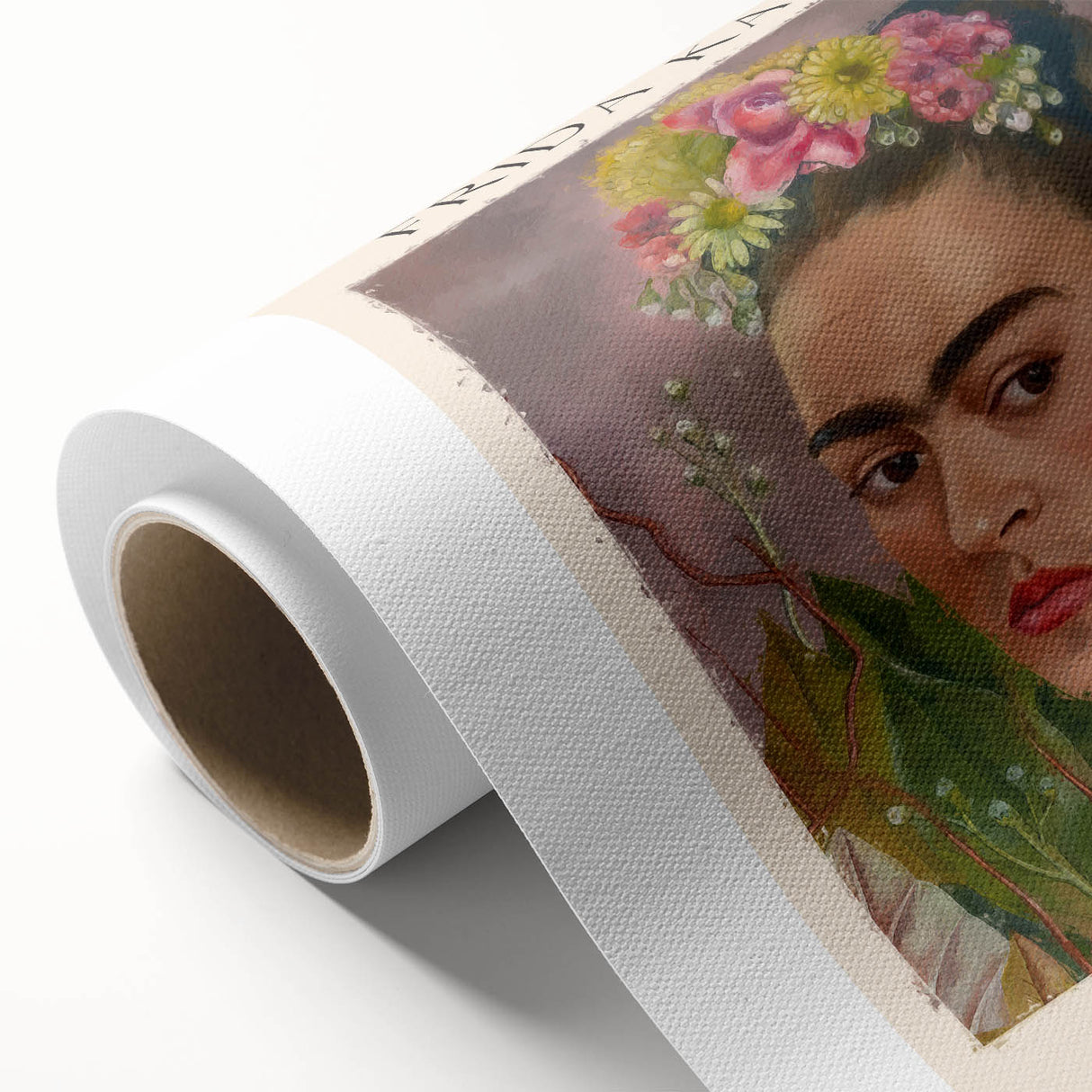 Art deco poster of Frida Kahlo in muted pastel shades on rolled canvas, suitable for nursery wall art.