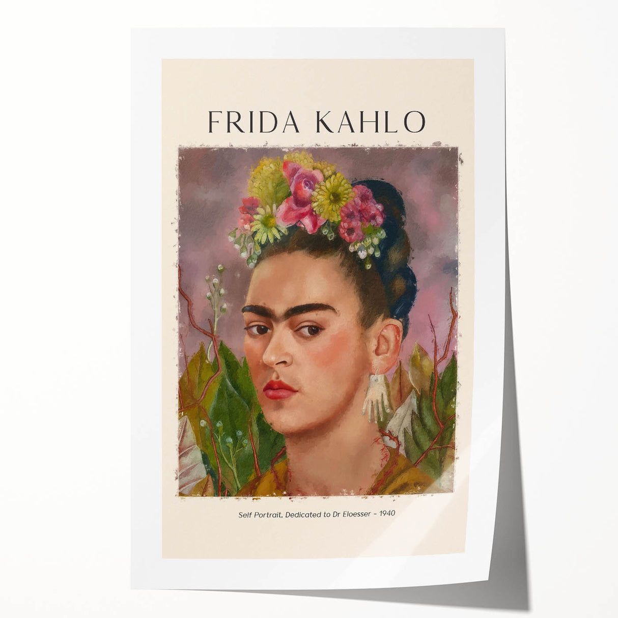 Contemporary Frida Kahlo portrait with vibrant floral background on rolled canvas, ideal for art wall dining room.