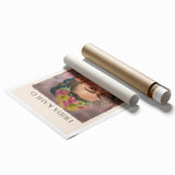 Avant-garde style Frida Kahlo portrait with floral elements on a rolled print, suited for classy bathroom wall art.