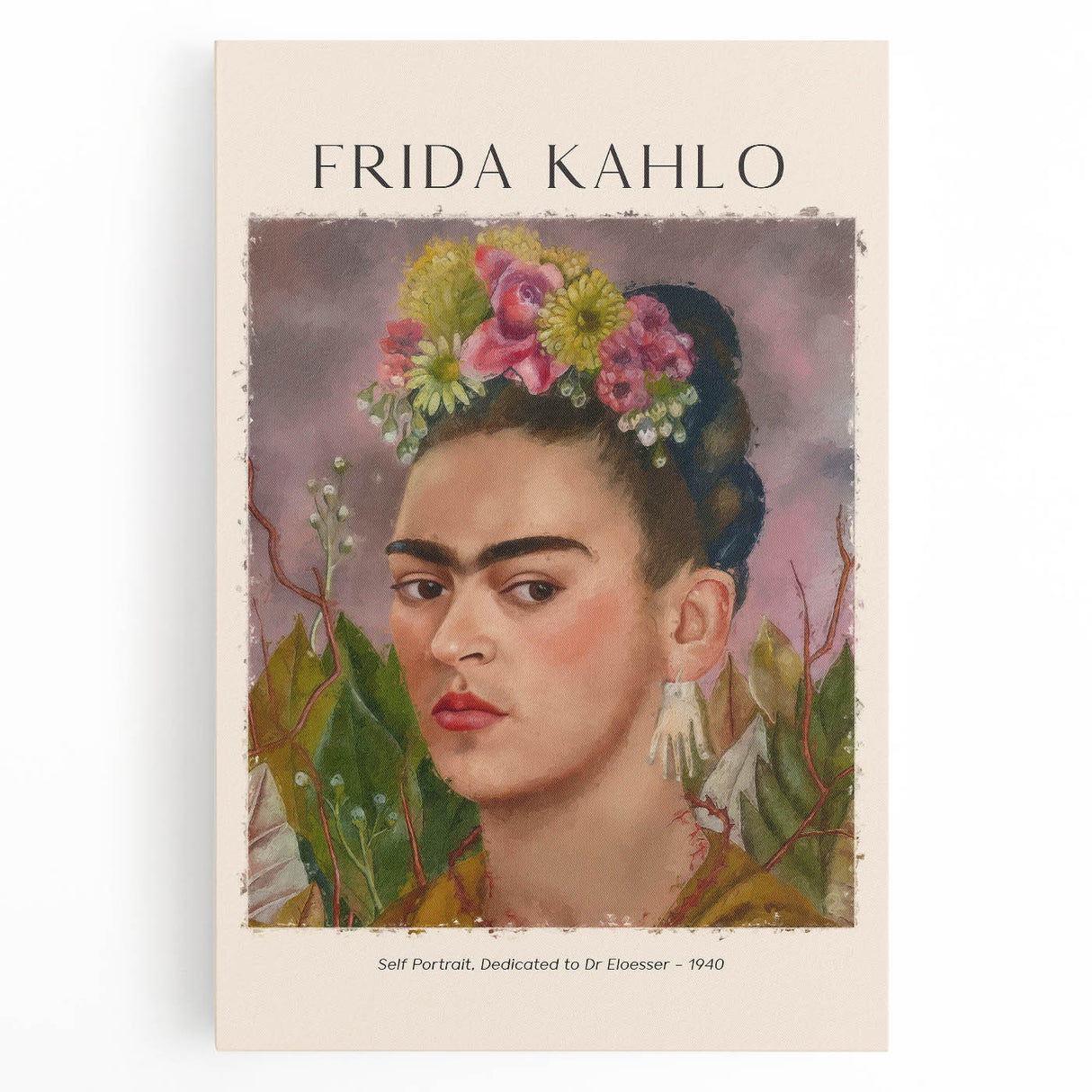 Black and white print of Frida Kahlo on stretched canvas, ideal for kitchen art.