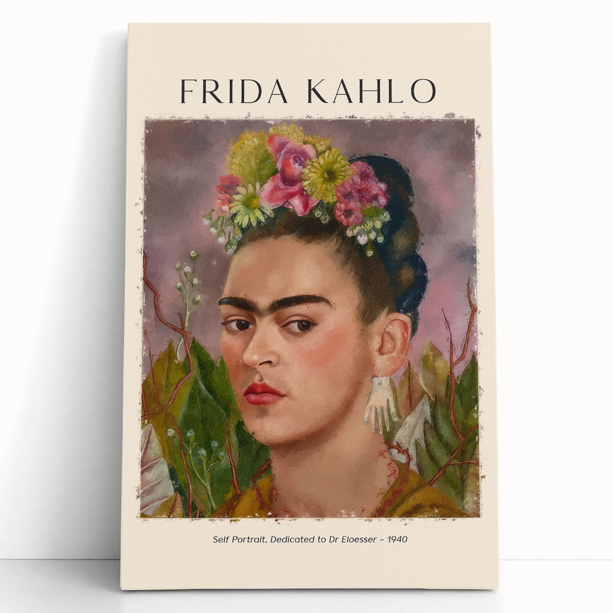 Black and white portrait of Frida Kahlo on stretched canvas, suitable for kitchen wall art or bedroom decor.