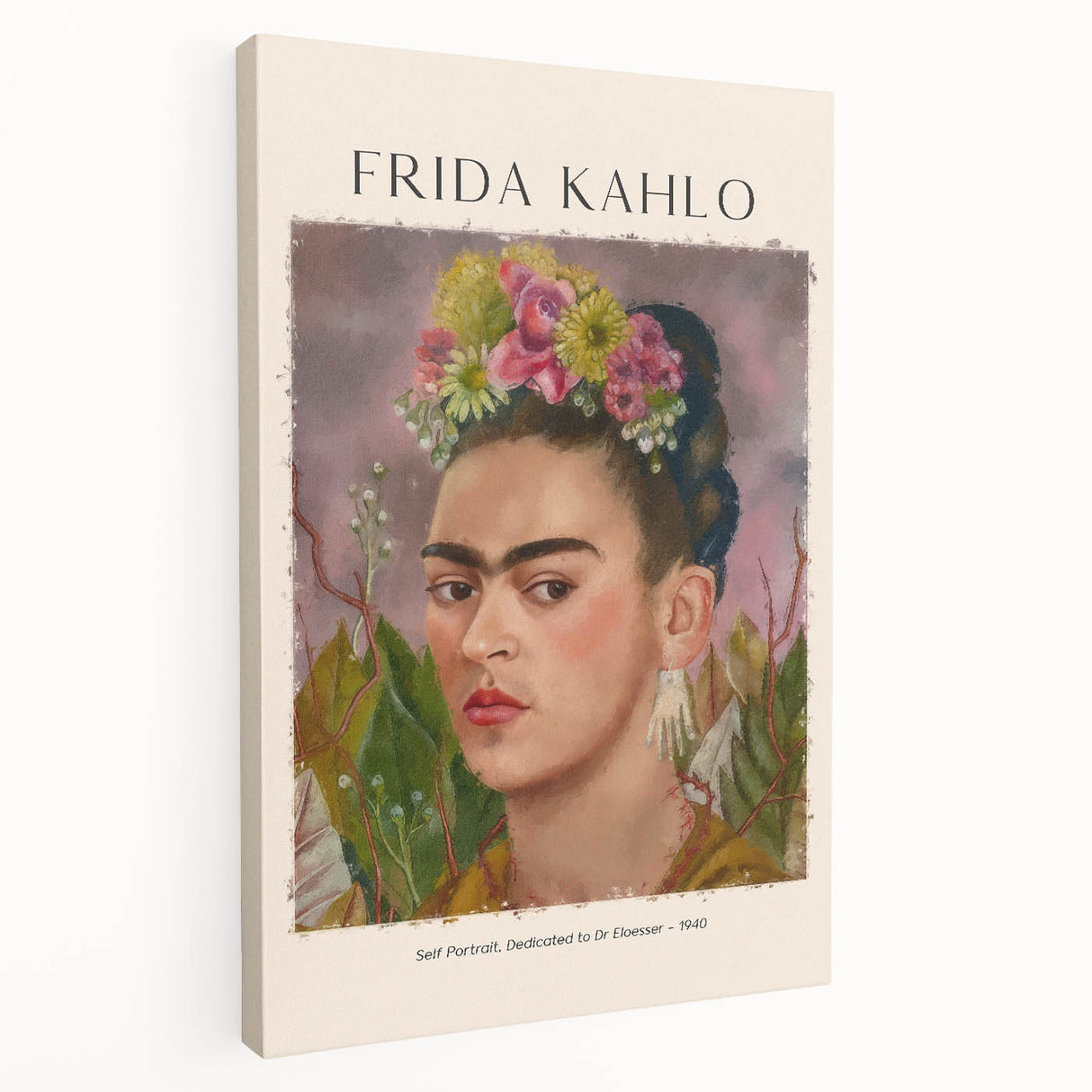 Contemporary Frida Kahlo portrait in vibrant colors on stretched canvas, suitable for kitchen wall art.