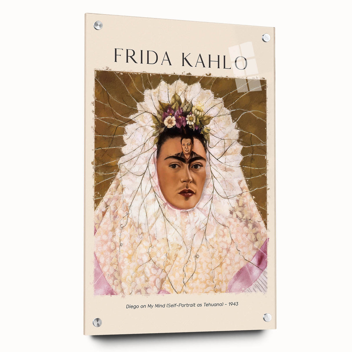 Acrylic print of a Frida Kahlo-inspired avant-garde portrait in vivid colors, suitable for bedroom or dining room decor.
