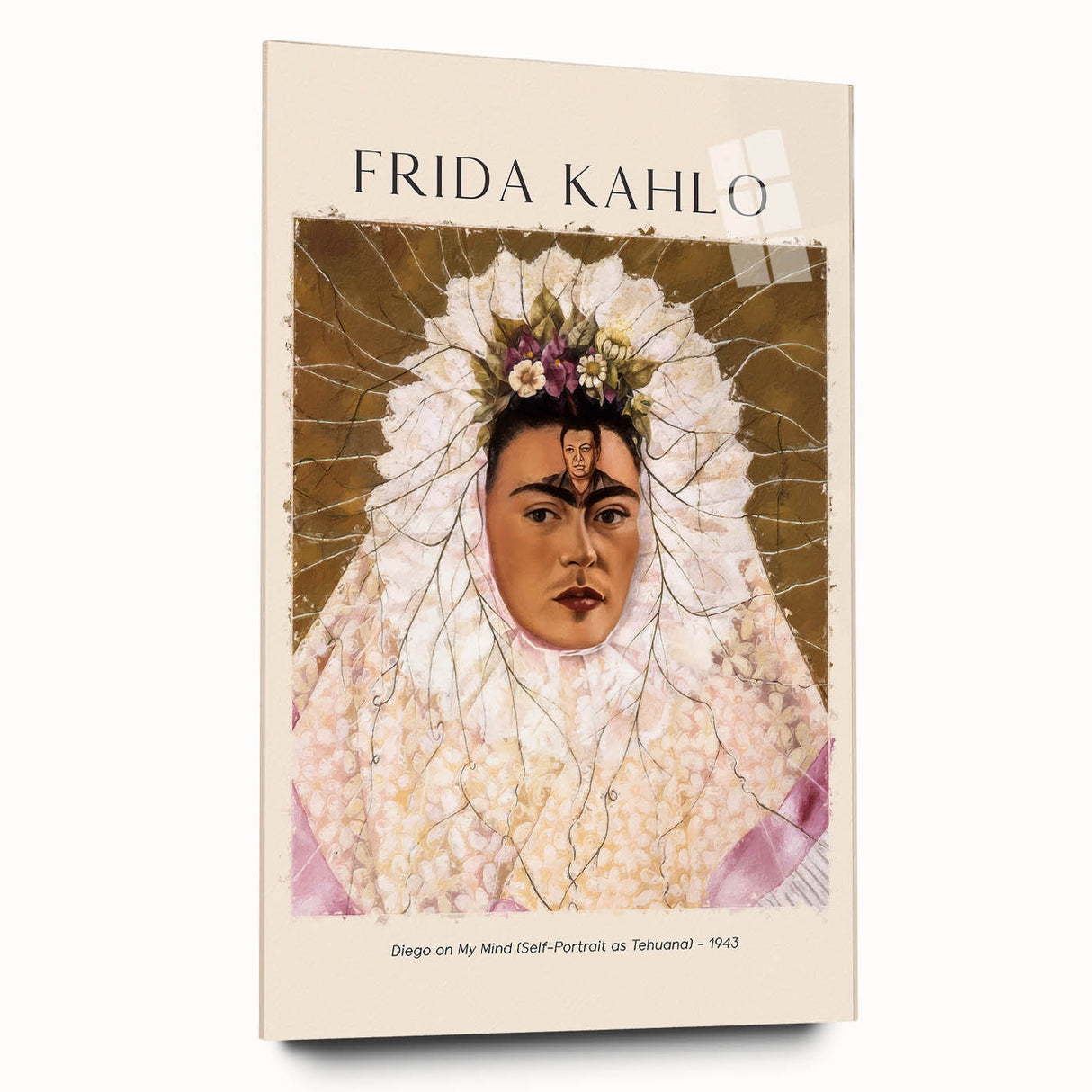 Acrylic print of a large abstract depiction of Frida Kahlo in muted earth tones, ideal for bedroom or dining room art.