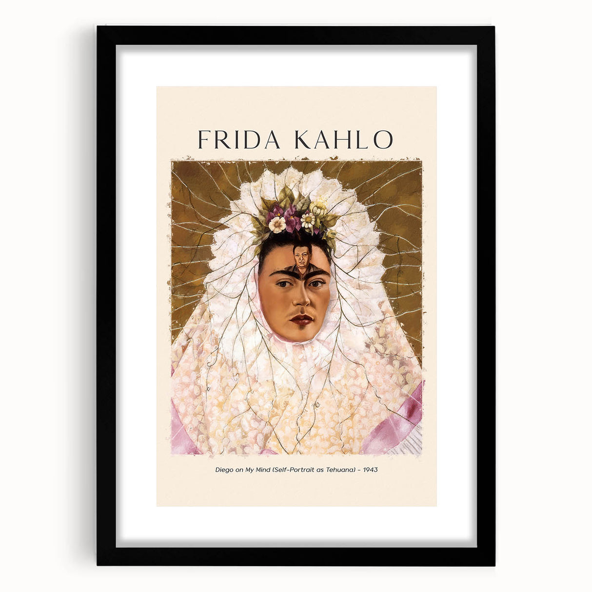 Extra large abstract art print of Frida Kahlo in vibrant colors on a textured canvas, framed in black.