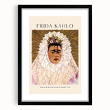 Extra large abstract art print of Frida Kahlo in vibrant colors on a textured canvas, framed in black.
