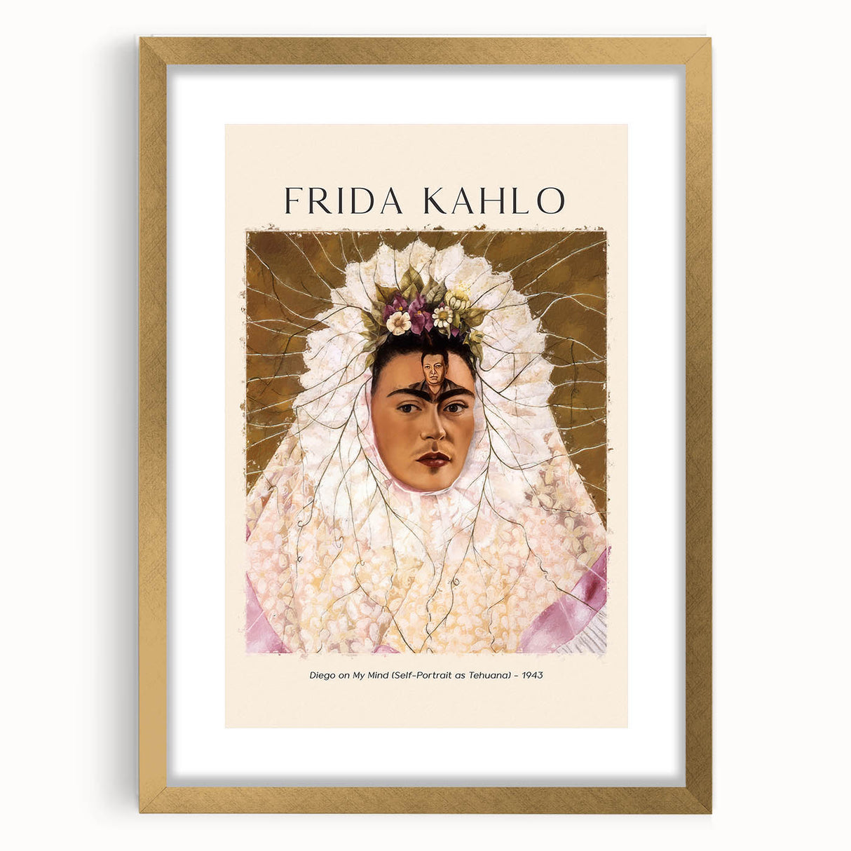 Frida Kahlo-inspired abstract art print in vibrant colors on a gold-framed canvas.