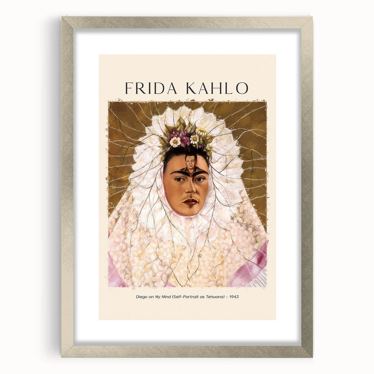 Textured abstract art print of Frida Kahlo in muted colors on a silver-framed canvas, ideal for bedroom art.