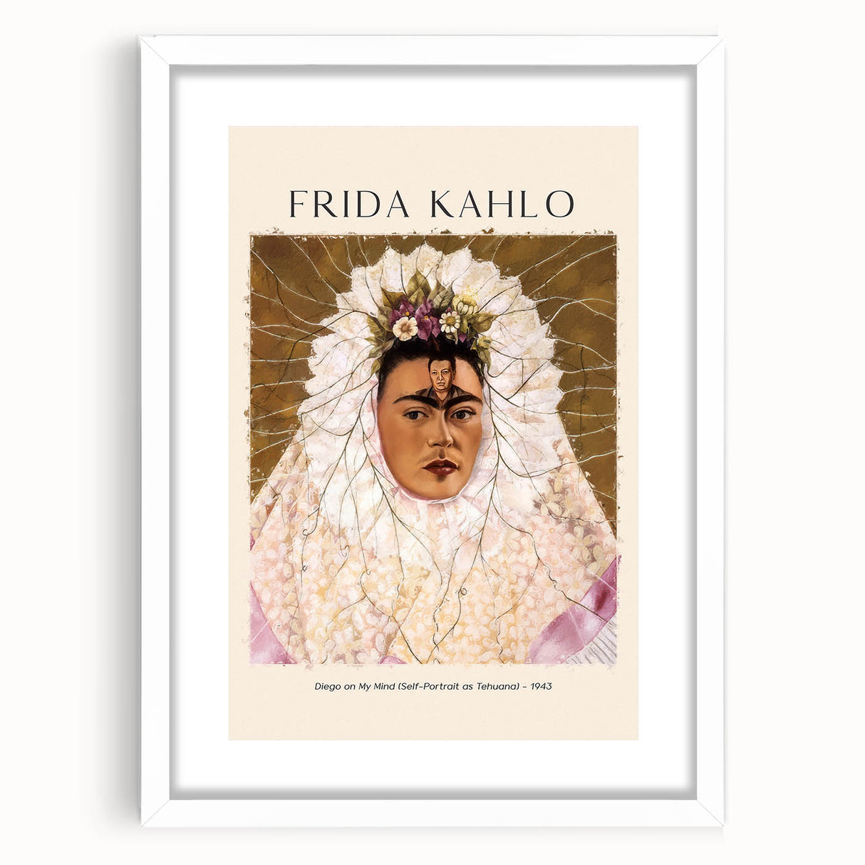 Abstract art print of Frida Kahlo in muted colors on a white framed canvas, suitable for bedroom or dining room decor.