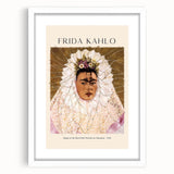 Abstract art print of Frida Kahlo in muted colors on a white framed canvas, suitable for bedroom or dining room decor.