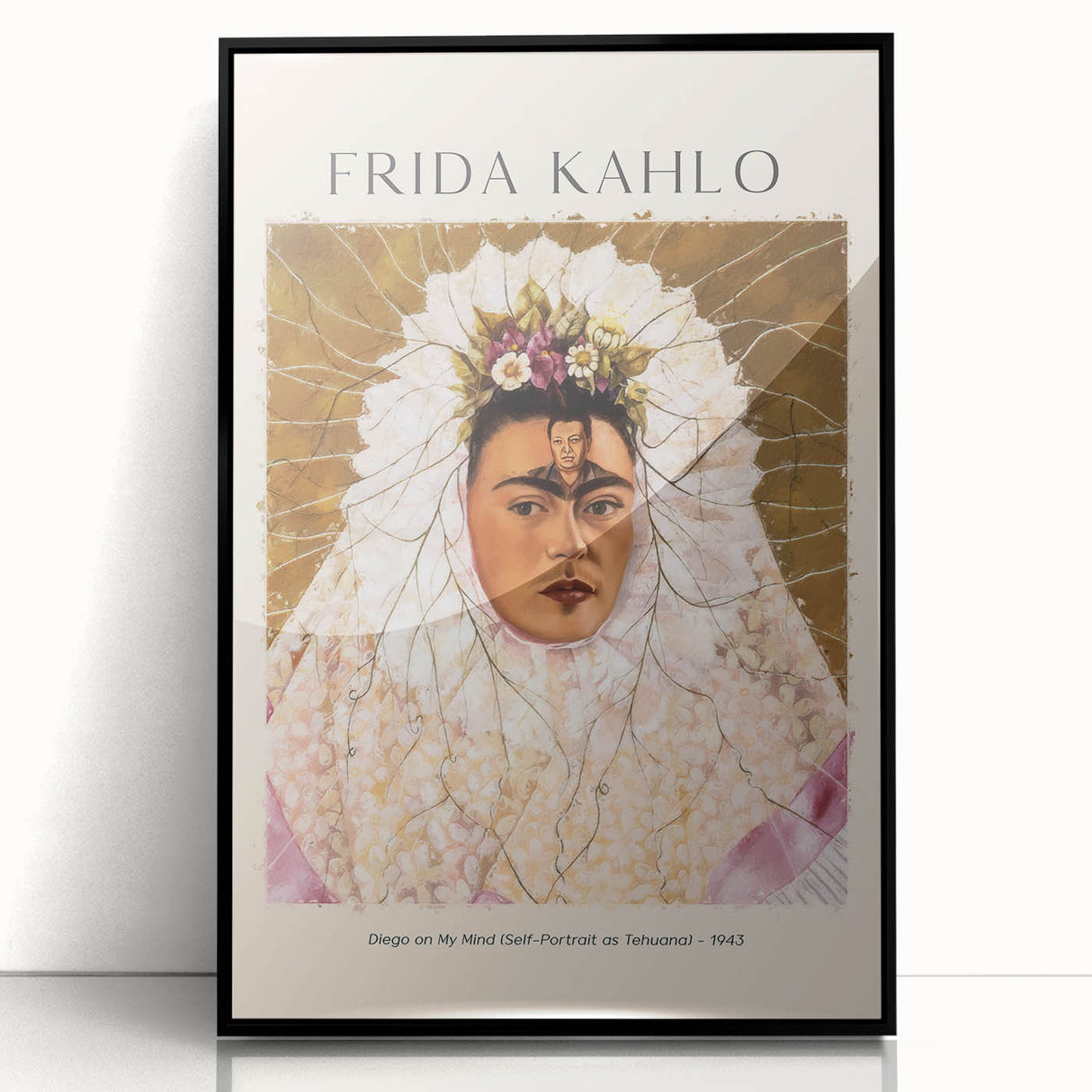 Framed acrylic print of a large abstract depiction of Frida Kahlo using bold black and white tones.