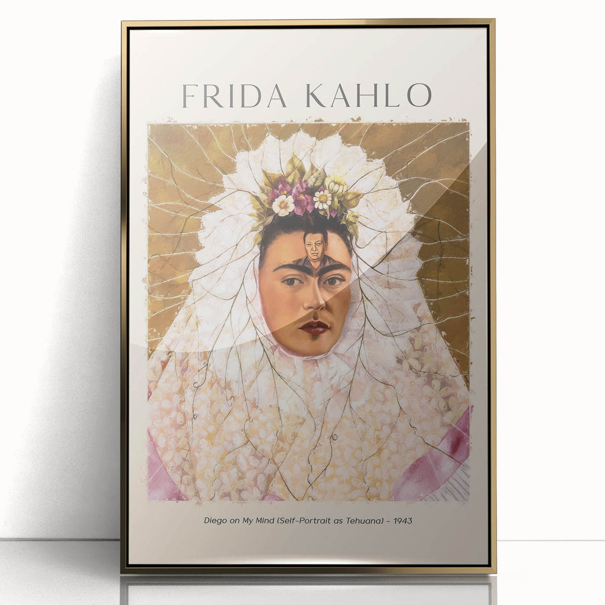 Mid-century modernist style Frida Kahlo portrait in gold frame, acrylic print, suitable for nursery or modern art decor.