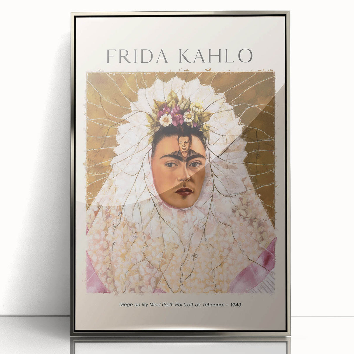 Mid-century modernist art featuring a stylized Frida Kahlo portrait in muted colors on a silver-framed acrylic print.