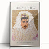 Mid-century modernist art featuring a stylized Frida Kahlo portrait in muted colors on a silver-framed acrylic print.